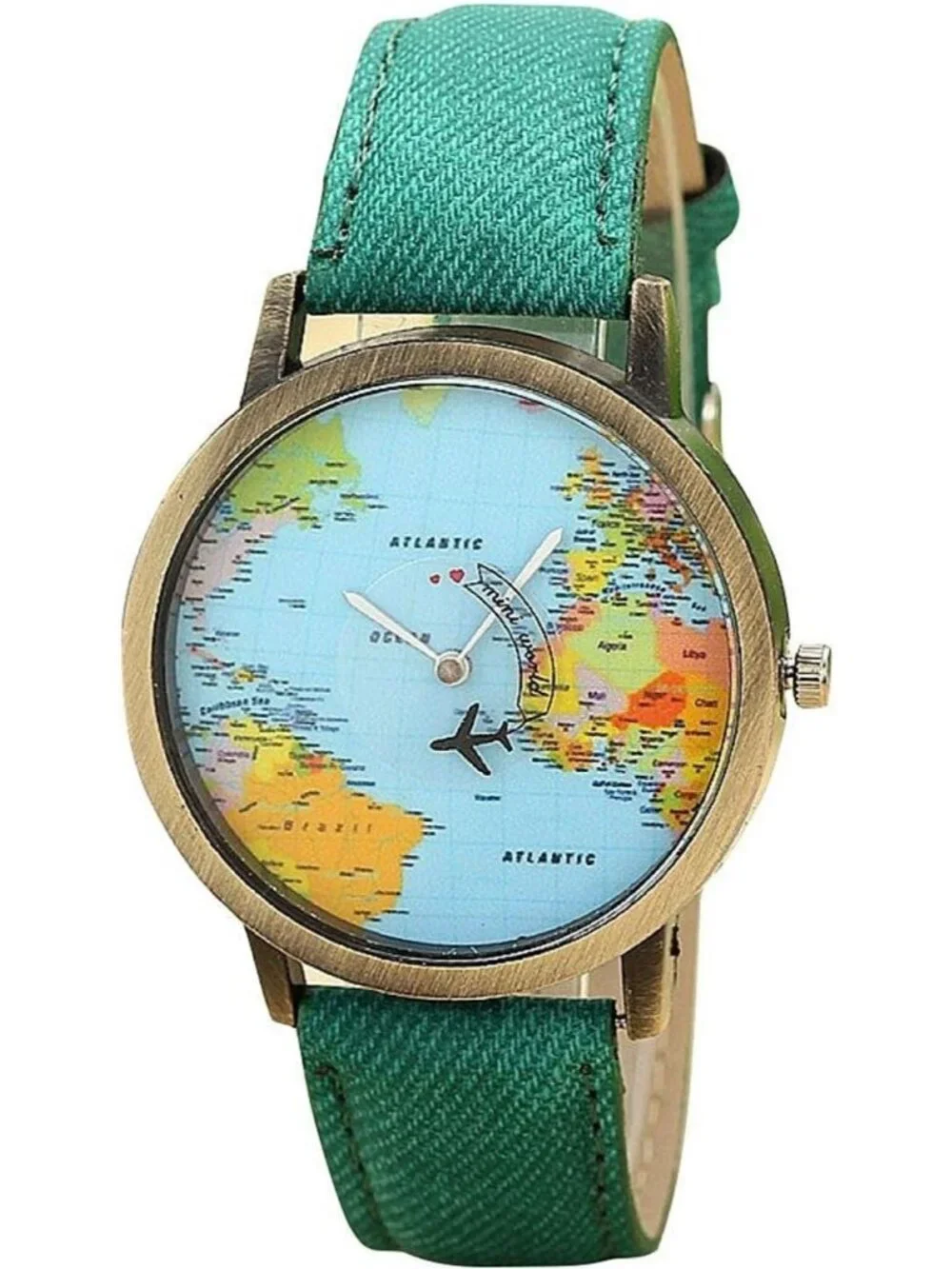 Unisex Green Quartz Leather Band Retro Bronze Case Global Travel World Map Watch
